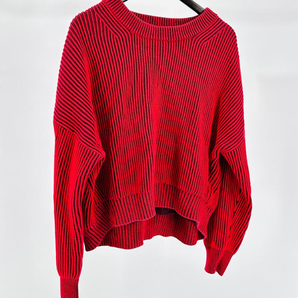 Michael Stars Cotton Red Black Striped Oversized Cropped Knit Sweater